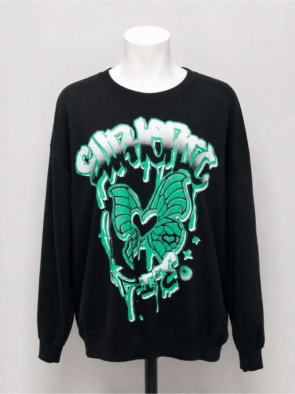 H&M Black Crewneck Sweater with Green Graphic Butterfly